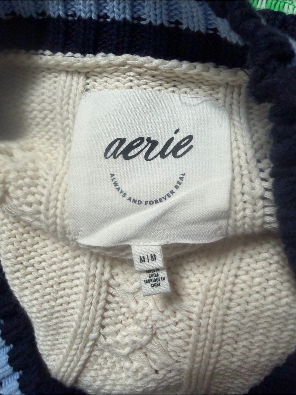 Cream & Blue Cropped Cable Knit V-Neck Varsity Sweater - Picture 8 of 8